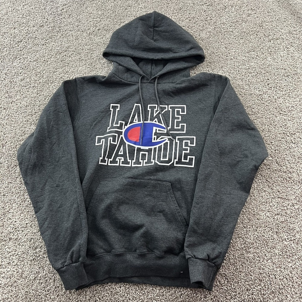 Vintage Champion Sweater Mens Medium Gray Lake Tahoe Pullover Hoodie Streetwear